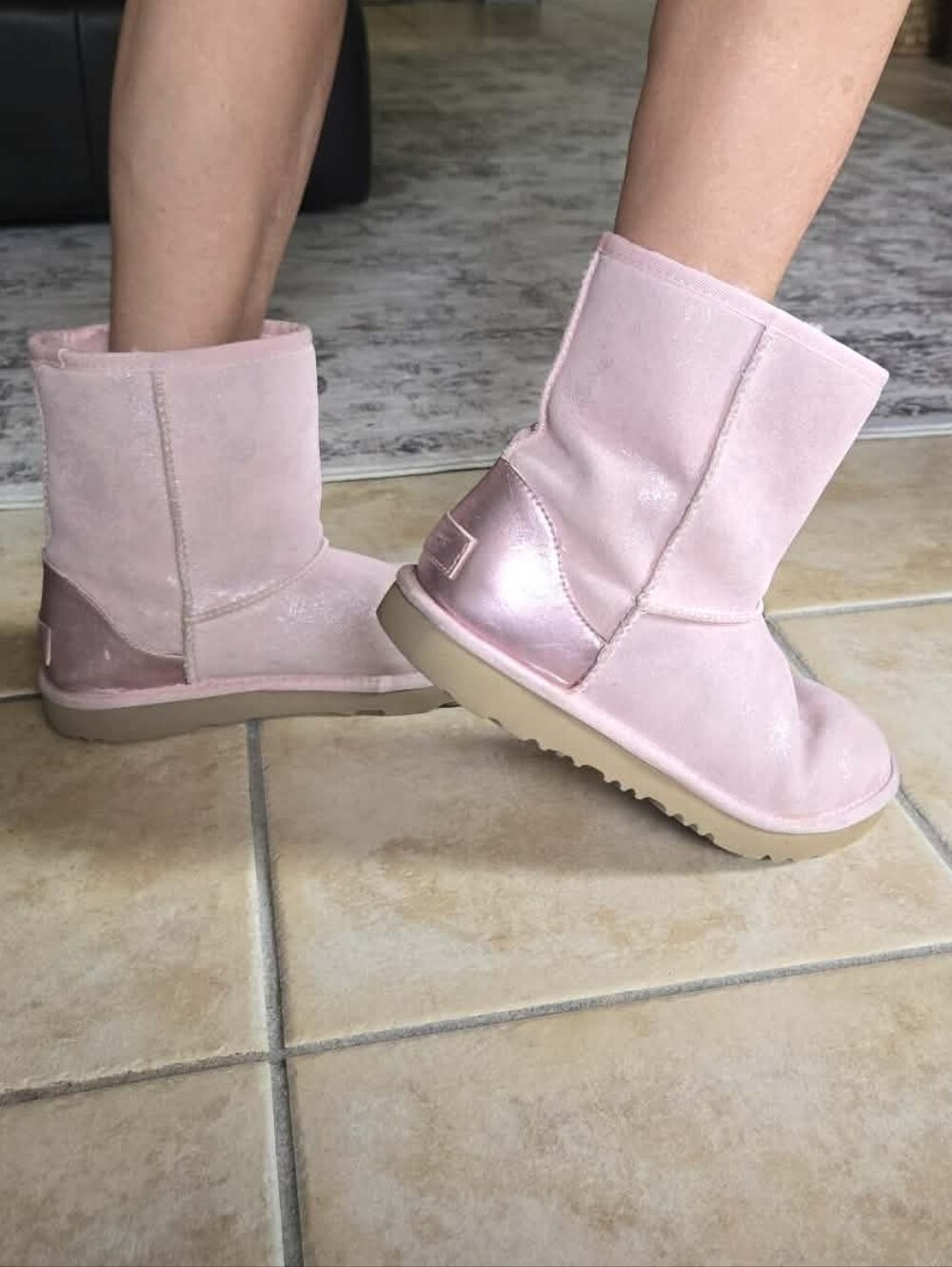 UGG classic short pink shimmer metallic sheepskin Shearling fur leather boots